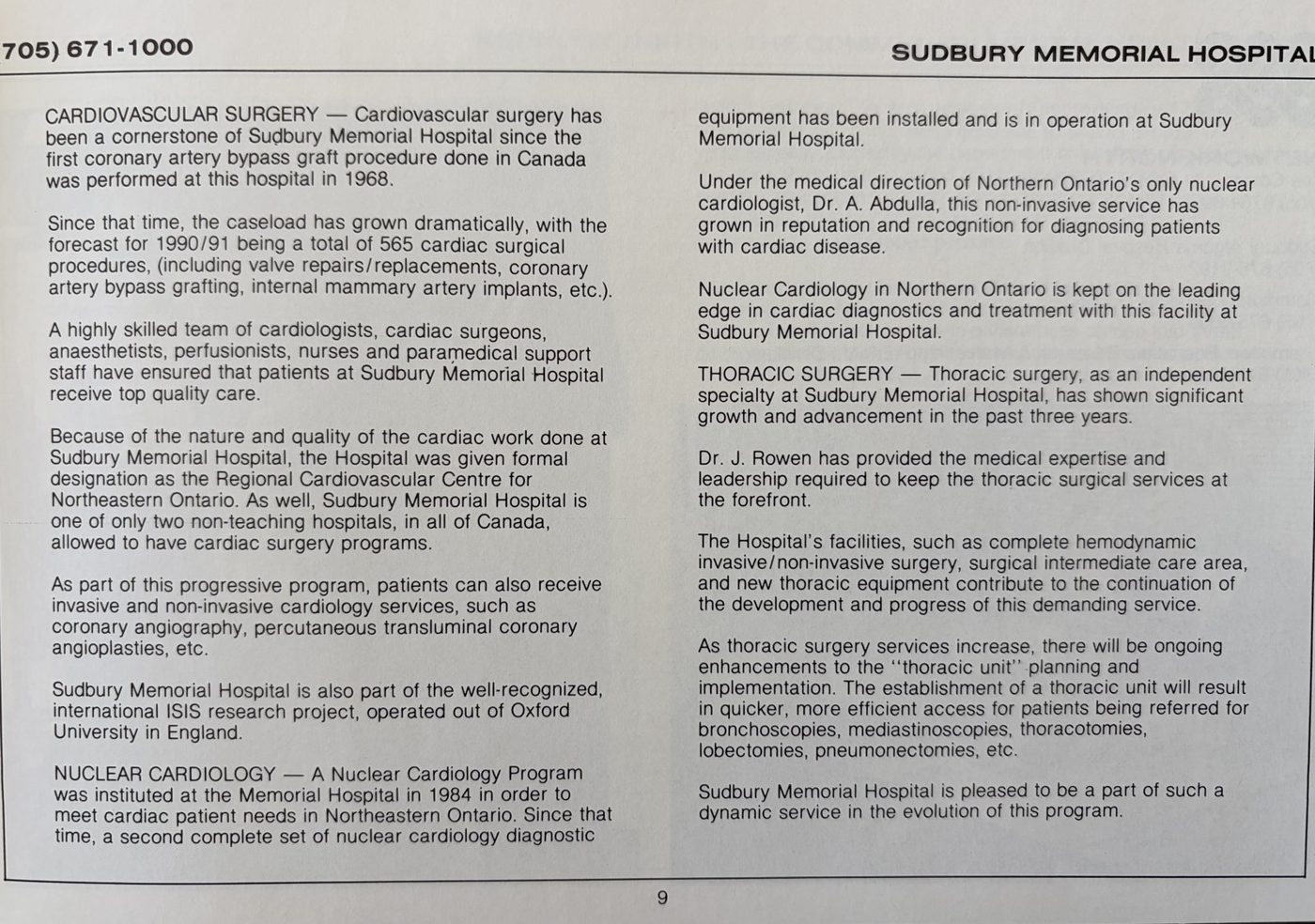Page on cardiovascular surgery and nuclear cardiology from the Sudbury hospitals booklet