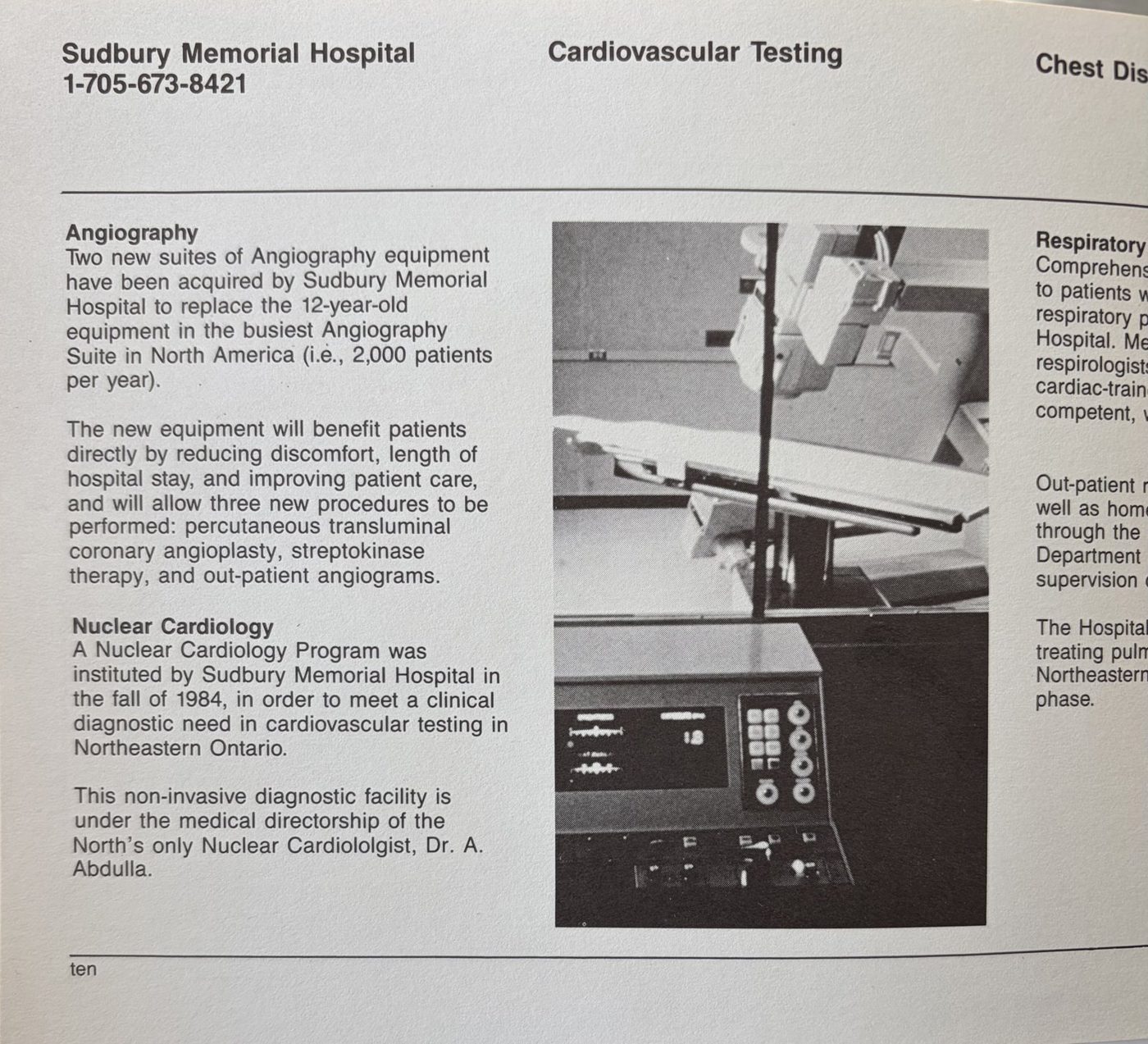 Cardiovascular Testing page from the Sudbury hospitals booklet, describing the angiography suites and the nuclear cardiology program under Dr. Abdulla