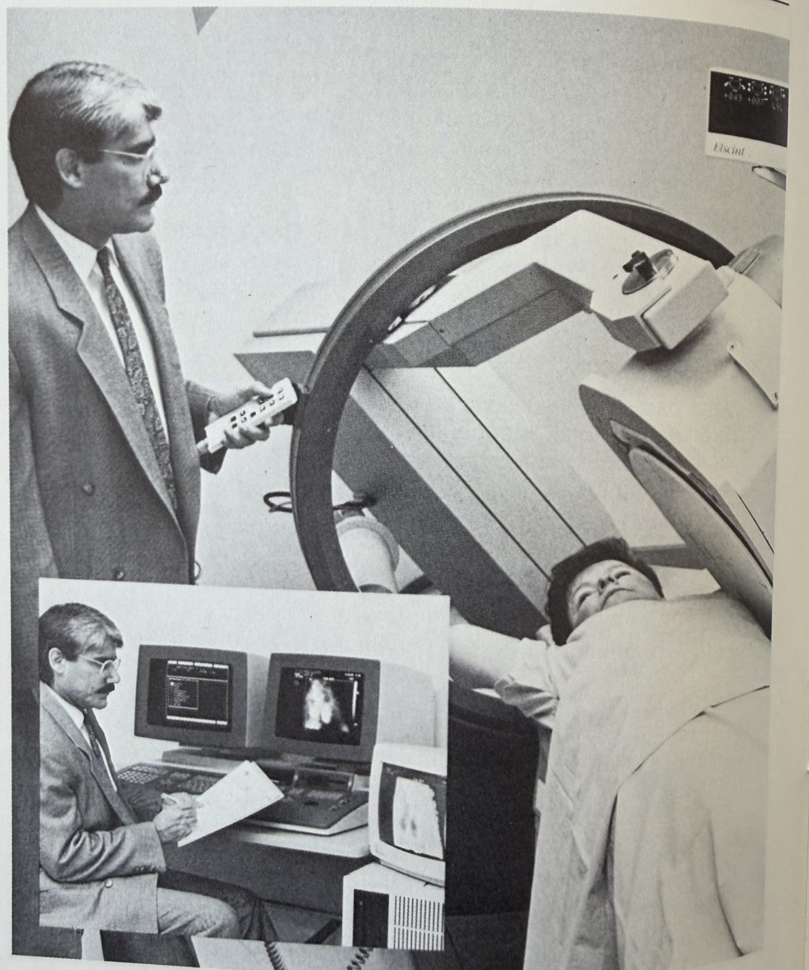 Full-page photograph of Dr. Abdulla scanning a patient and processing the scan on the Elscint gamma camera
