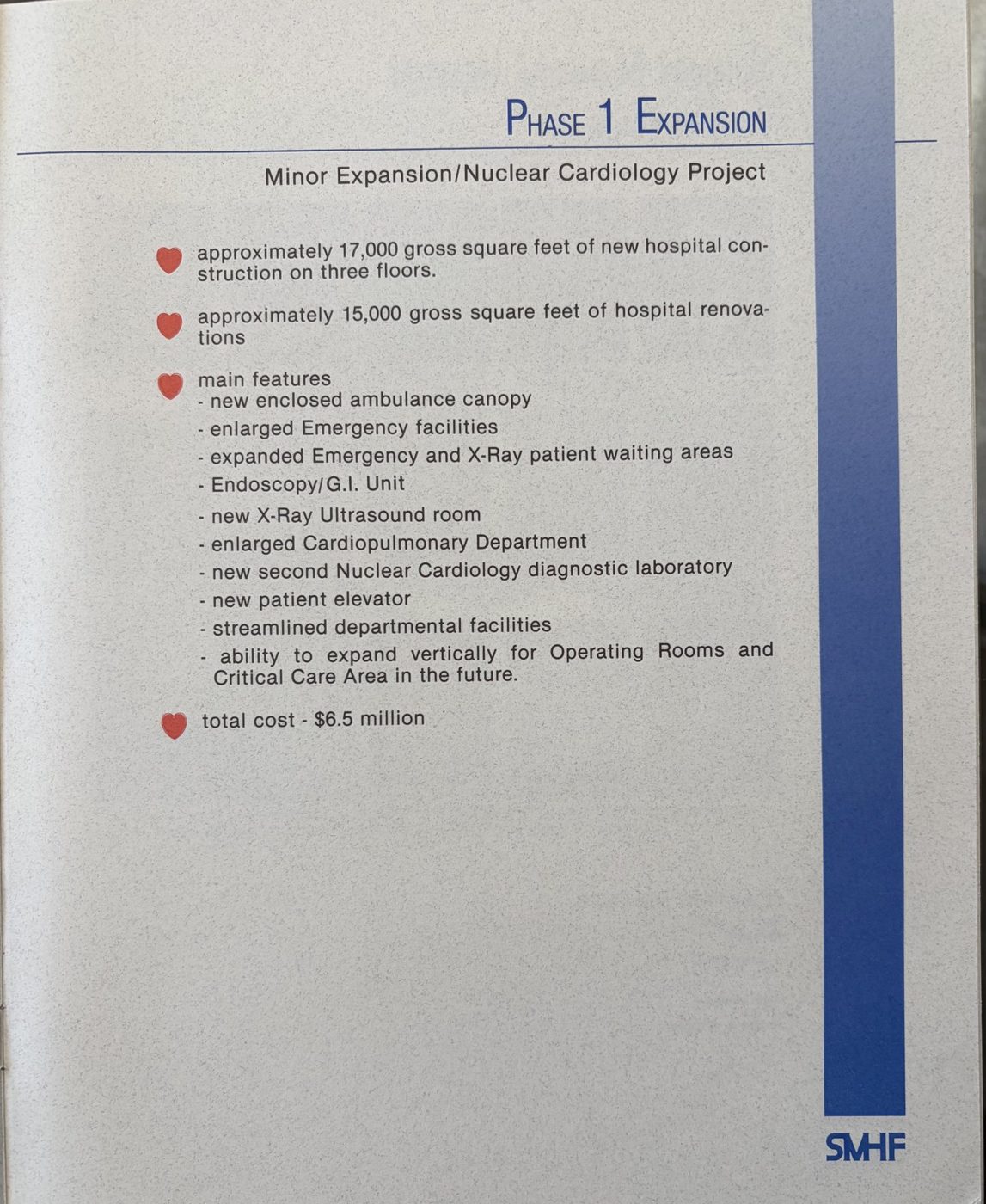 Phase 1 Expansion page: Minor Expansion and Nuclear Cardiology Project, total cost 6.5 million dollars