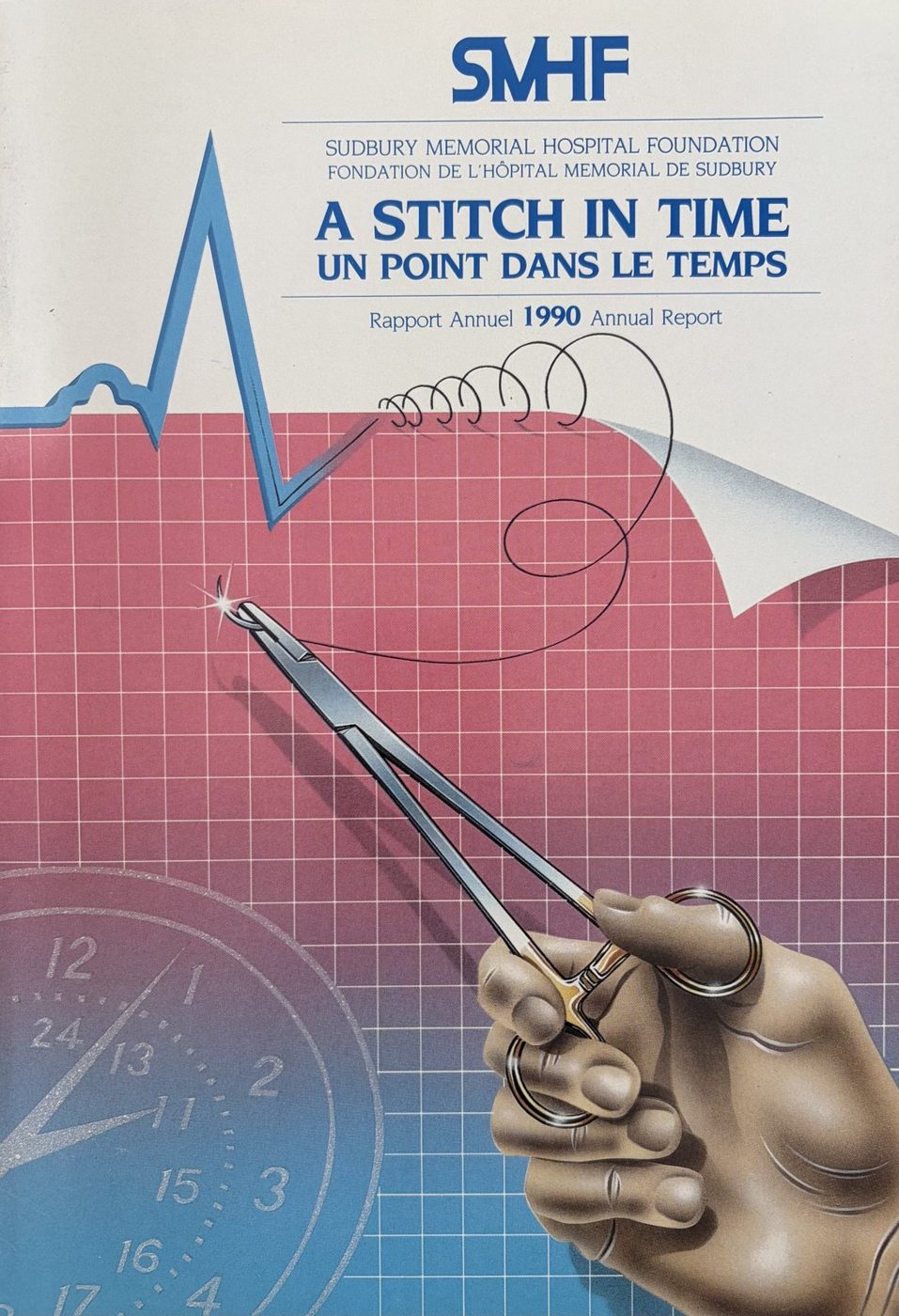 Cover of the Sudbury Memorial Hospital Foundation 1990 Annual Report, A Stitch in Time