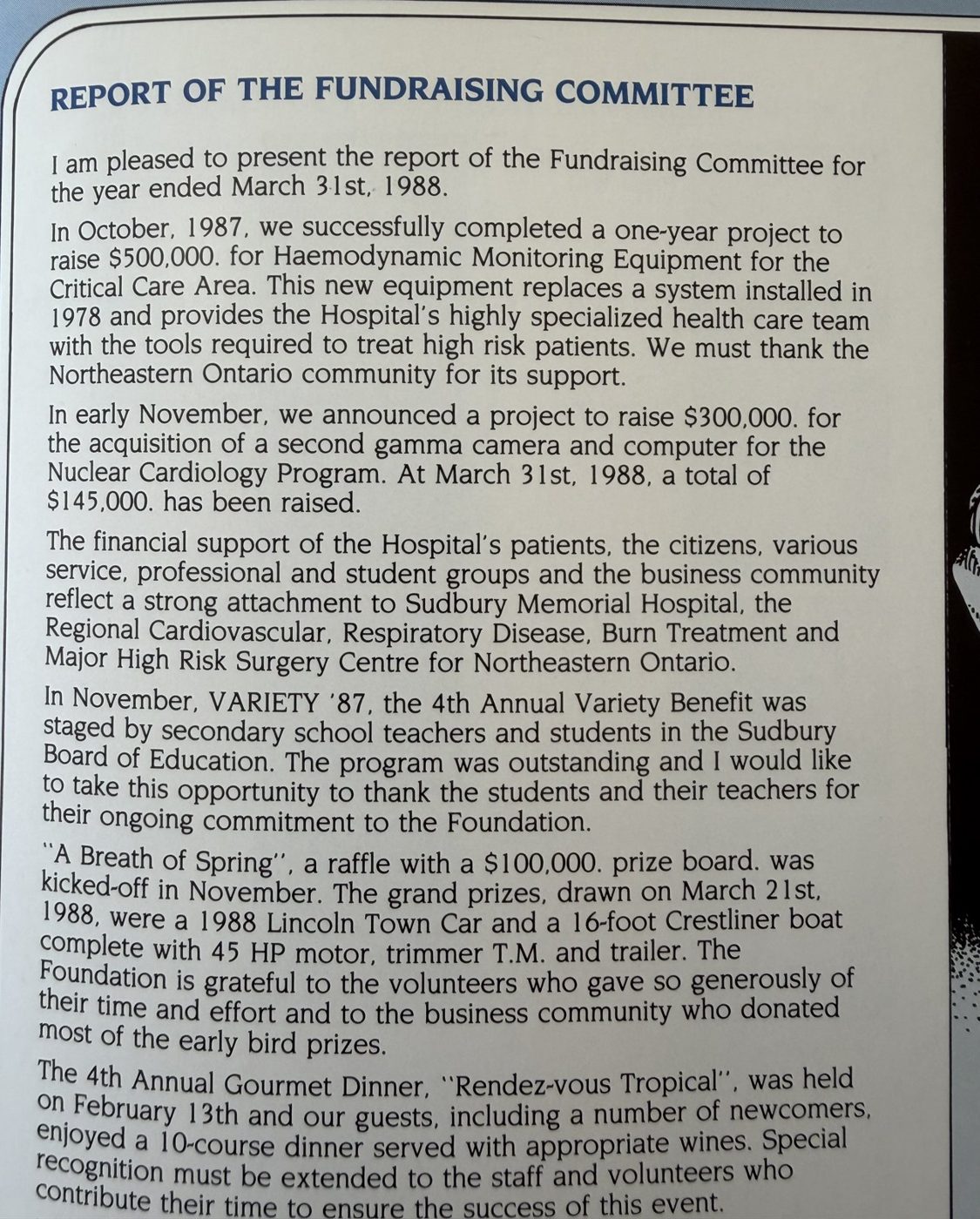 Report of the Fundraising Committee, Sudbury Memorial Hospital Foundation 1988