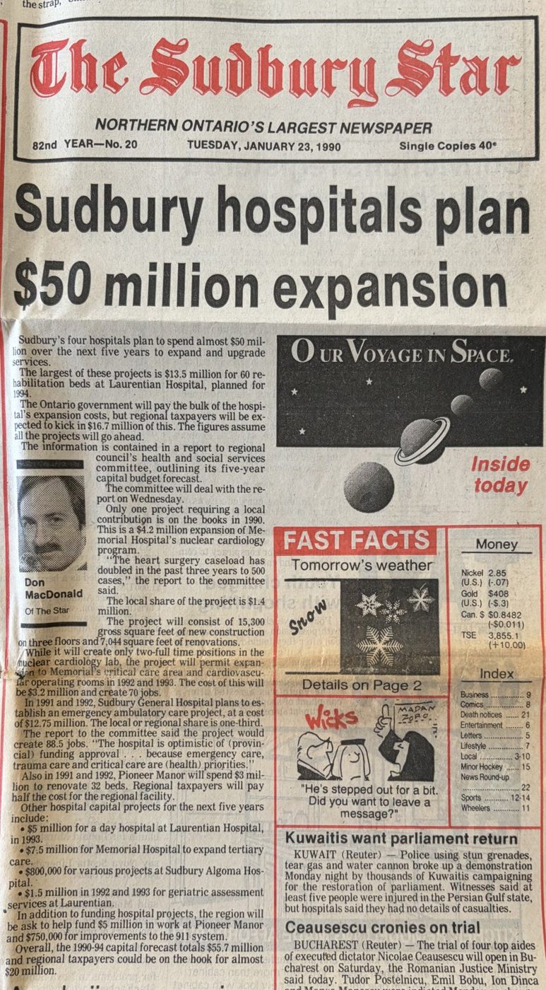 The Sudbury Star front page of 23 January 1990 headlined Sudbury hospitals plan 50 million dollar expansion